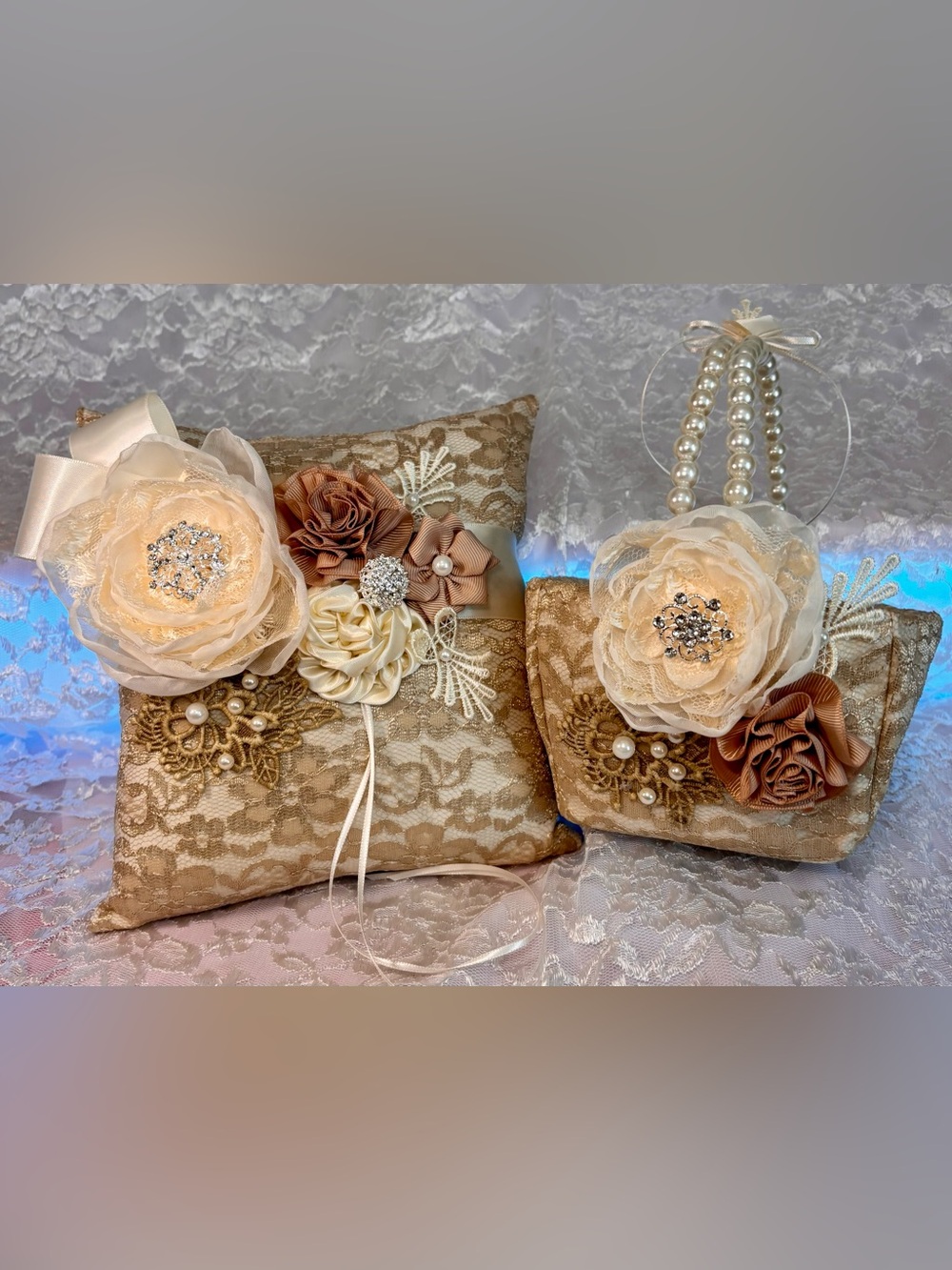 🥂 Handmade Champagne and Ivory Ring Pillow and Flower Basket Set Made to Order